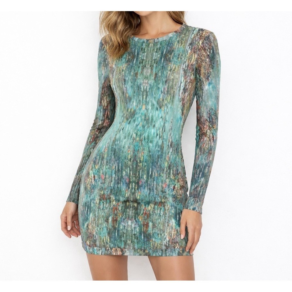 Misha Nonoo Abstract Bodycon Mini Dress XS Art to Wear Indie Long Sl Designer